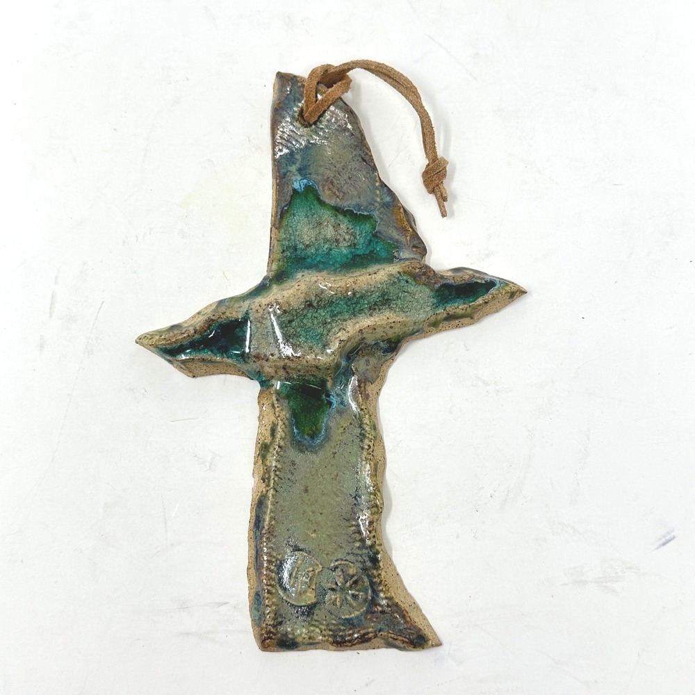 Handmade Studio Pottery Glazed Ceramic Cross Wall Hanging Rustic Teal Green 8.5"